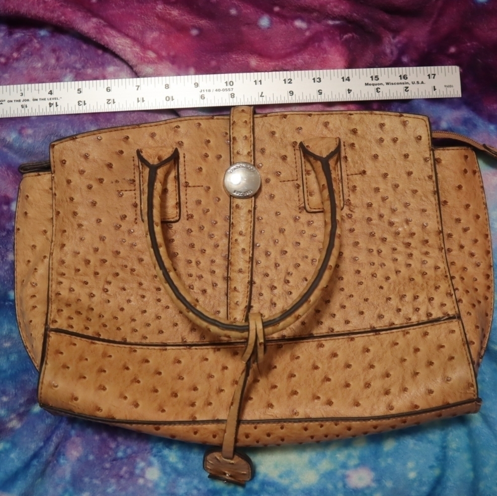 FAUX OSTRICH BAG London Fog Camel Brown Tan Satchel Purse Exotic Leather Buckle - Picture 14 of 16